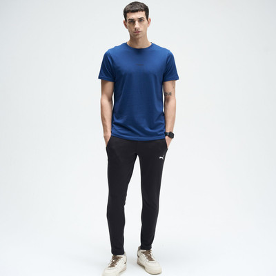 Snapback Solid Men Round Neck Blue T-Shirt