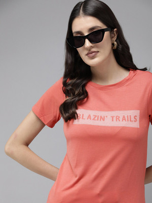 Roadster Typography Women Round Neck Orange T-Shirt