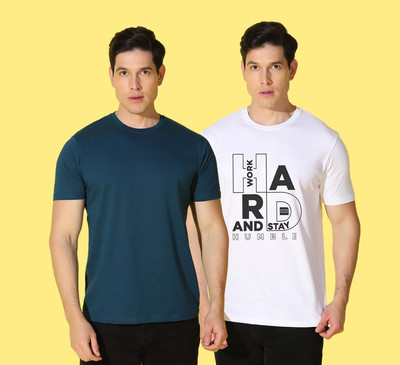 WOOSTRO Printed, Solid Men Round Neck White, Blue T-Shirt