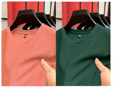 At Last Fashion Self Design Men Round Neck Pink, Green T-Shirt