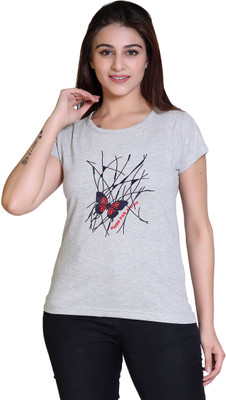 Ogarti Printed Women Round Neck Grey T-Shirt