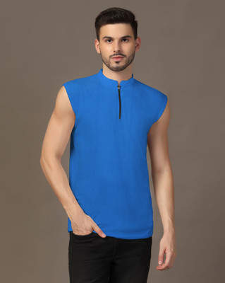 Blisstone Solid Men Mandarin Collar Blue T-Shirt