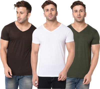 JB Jagoboy Solid Men V Neck Dark Green, White, Brown T-Shirt