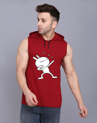 SLOWLORIS Printed Men Hooded Neck Maroon T-Shirt