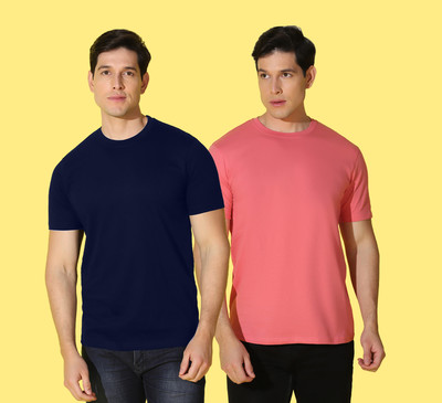 WOOSTRO Solid, Printed Men Round Neck Blue, Pink T-Shirt