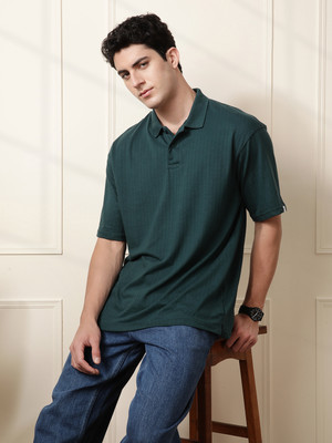 WROGN Self Design Men Polo Neck Green T-Shirt