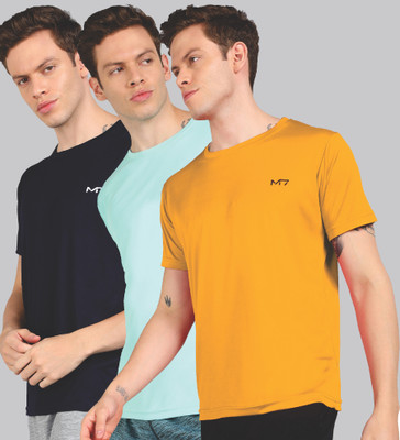 M7 Solid Men Round Neck Navy Blue, Light Blue, Yellow T-Shirt