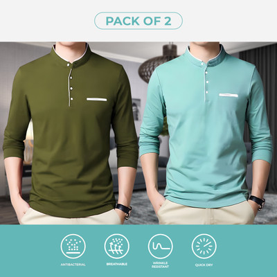 AUSK Solid Men Mandarin Collar Light Green, Green T-Shirt