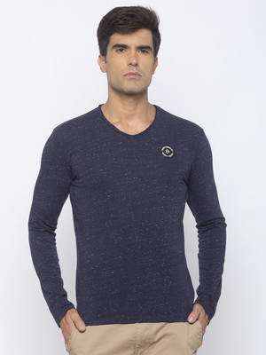 BEING HUMAN Self Design Men Round Neck Navy Blue T-Shirt