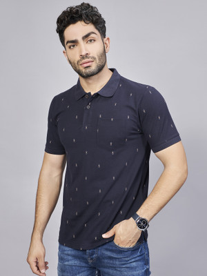 BE POSITIVE Printed Men Polo Neck Dark Blue T-Shirt