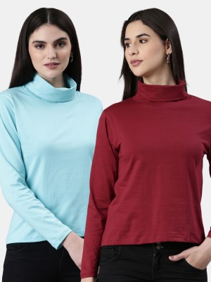 Kryptic Solid Women High Neck Maroon T-Shirt