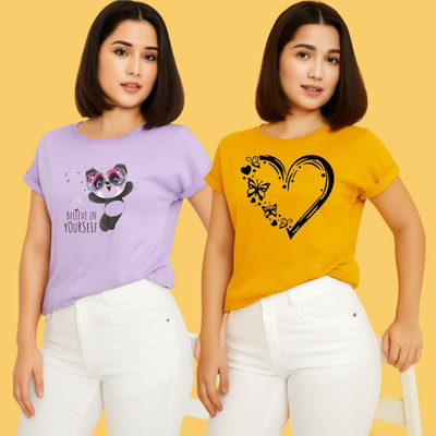 Kintu Parantu Printed Women Round Neck Purple, Yellow T-Shirt