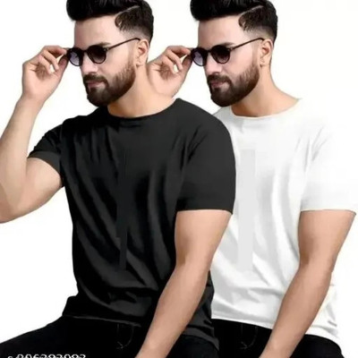 wike denims Solid Men Round Neck Black, White T-Shirt