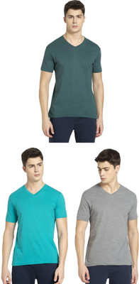 JOCKEY Solid Men V Neck Light Green, Grey, Green T-Shirt