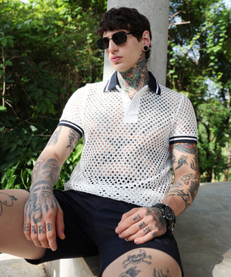 CAMPUS SUTRA Self Design Men Polo Neck White, Black T-Shirt