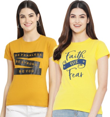 Fabflee Printed Women Round Neck Yellow T-Shirt