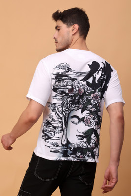 Yellow Tree Printed Men Round Neck White T-Shirt