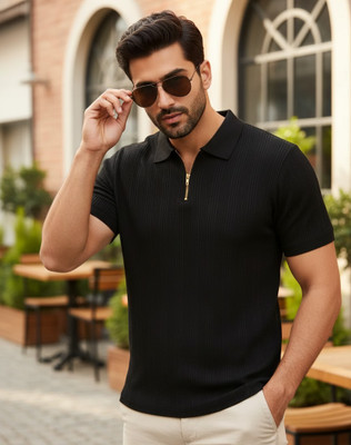 RUPRA Self Design Men Polo Neck Beige T-Shirt