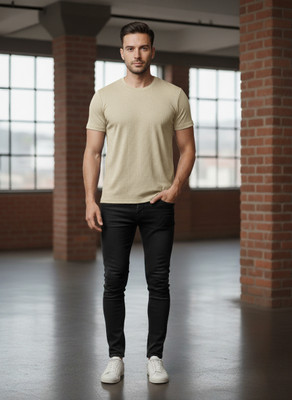 BANSII DHUN Solid Men Round Neck Beige T-Shirt