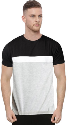 JUST ROAR Striped Men Round Neck Grey T-Shirt