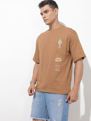 Roadster Printed Men Round Neck Brown T-Shirt