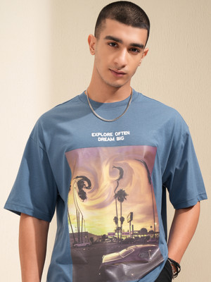 HIGHLANDER Graphic Print Men Round Neck Blue T-Shirt