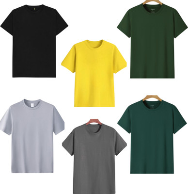 TTFE Solid Men Round Neck Black, Yellow, Green, Silver, Grey, Dark Green T-Shirt