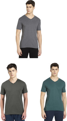 JOCKEY Solid Men V Neck Grey, Dark Green, Green T-Shirt