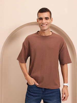Mast & Harbour Self Design Men Round Neck Brown T-Shirt