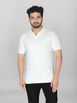 higglerr Self Design Men Polo Neck White T-Shirt