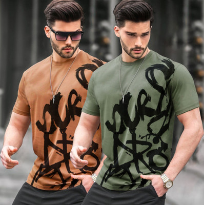 TRIPR Printed Men Round Neck Brown, Dark Green T-Shirt