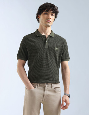 FLYING MACHINE Self Design Men Polo Neck Green T-Shirt