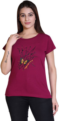Ogarti Printed Women Round Neck Purple T-Shirt