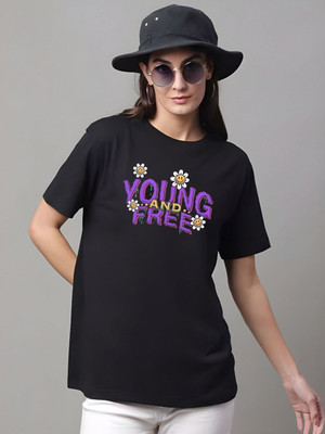 Moda Rapido Typography Women Round Neck Black T-Shirt