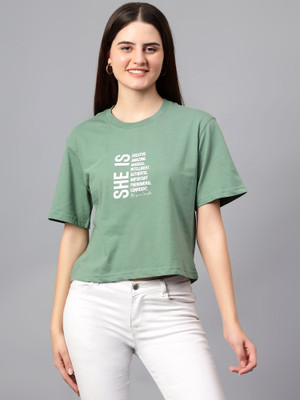CANTABIL Printed Women Round Neck Green T-Shirt
