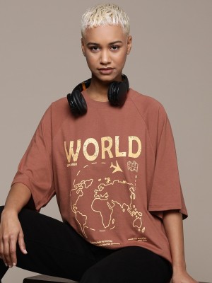 Roadster Printed Women Round Neck Brown T-Shirt