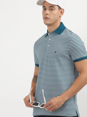 TOMMY HILFIGER Striped Men Polo Neck Blue T-Shirt