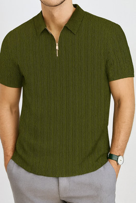 Tylissa Self Design Men Zip Neck Reversible Dark Green T-Shirt