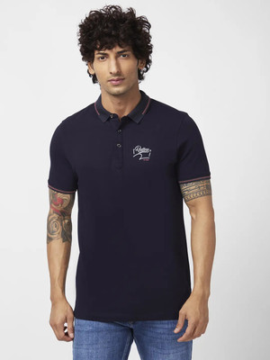 Spykar Solid Men Polo Neck Blue T-Shirt
