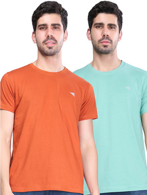 Ramraj Cotton Solid Men Crew Neck Orange, Green T-Shirt