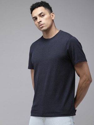 RULEDBYSUN Solid Men Round Neck Navy Blue T-Shirt