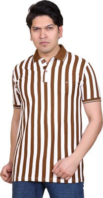 Grand Line Striped Men Polo Neck Brown, White T-Shirt