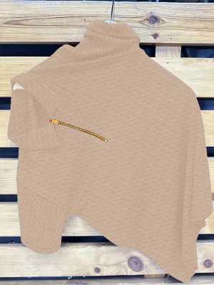 KAJARU Self Design Men Zip Neck Beige T-Shirt