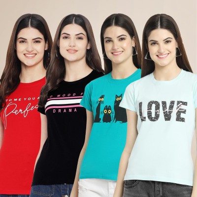 Fabflee Printed Women Round Neck Multicolor T-Shirt