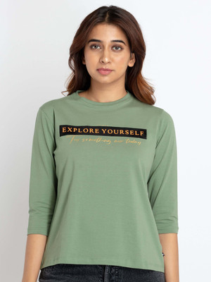 Status Quo Typography Women Round Neck Green T-Shirt