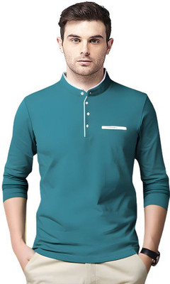 JB Jangoboy Solid Men Mandarin Collar Dark Blue T-Shirt