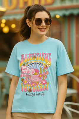 SZN Solid Women Round Neck Light Blue T-Shirt