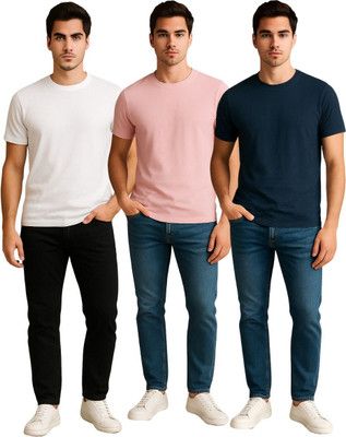 KART BLACK Solid Men Round Neck Black, White, Pink T-Shirt