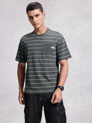 WROGN Striped Men Round Neck Grey T-Shirt