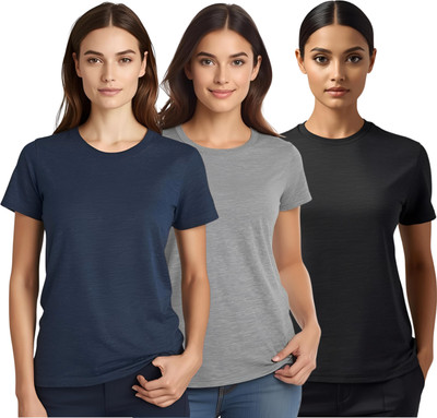 SHARXTRENDS Solid Women Round Neck Black, Grey, Silver T-Shirt